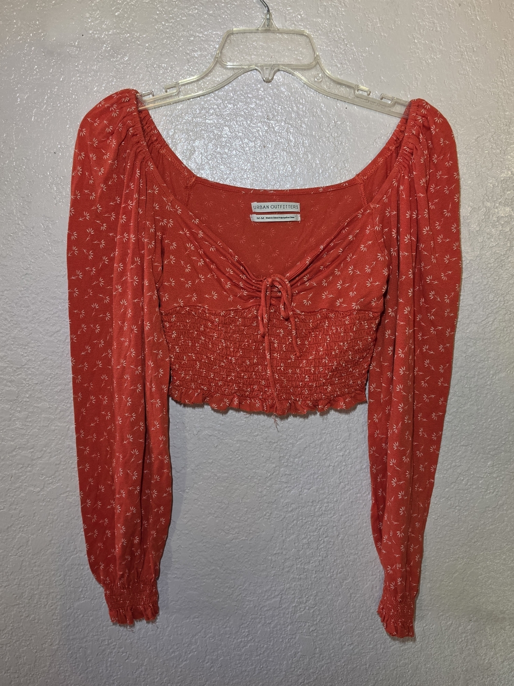 Urban Outfitters Red Smocked Long-Sleeve Crop Top M